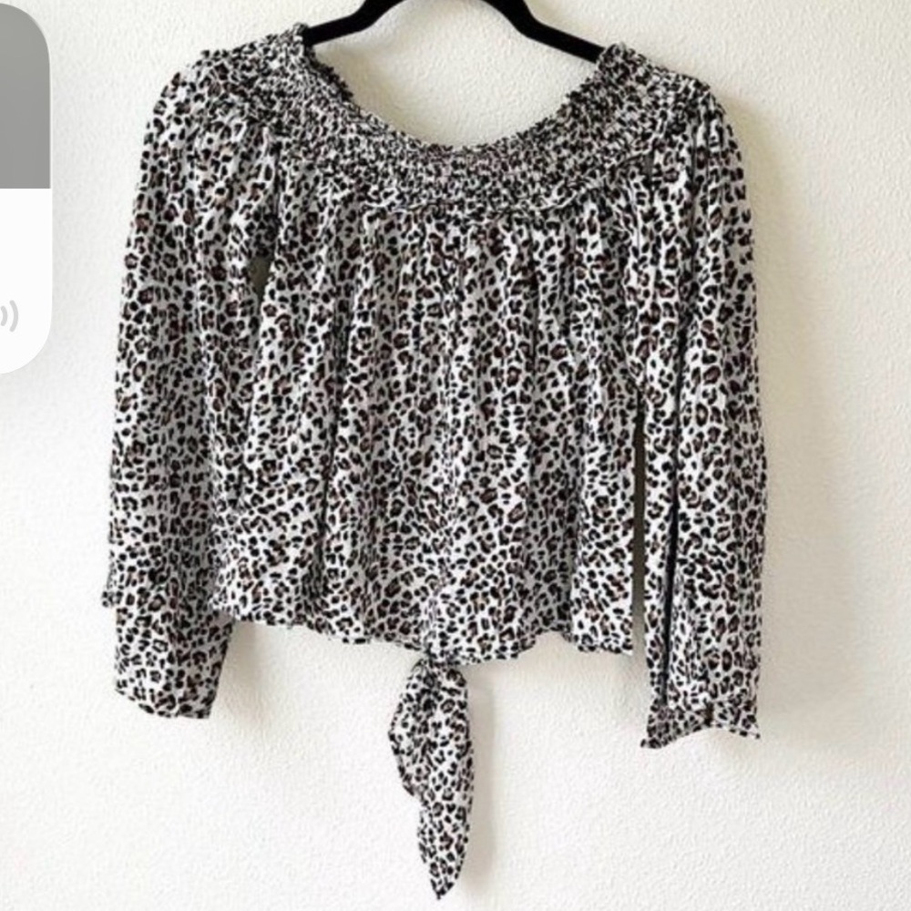 NWT Free People Smocked animal Print Long-Sleeve Tie-Front Top